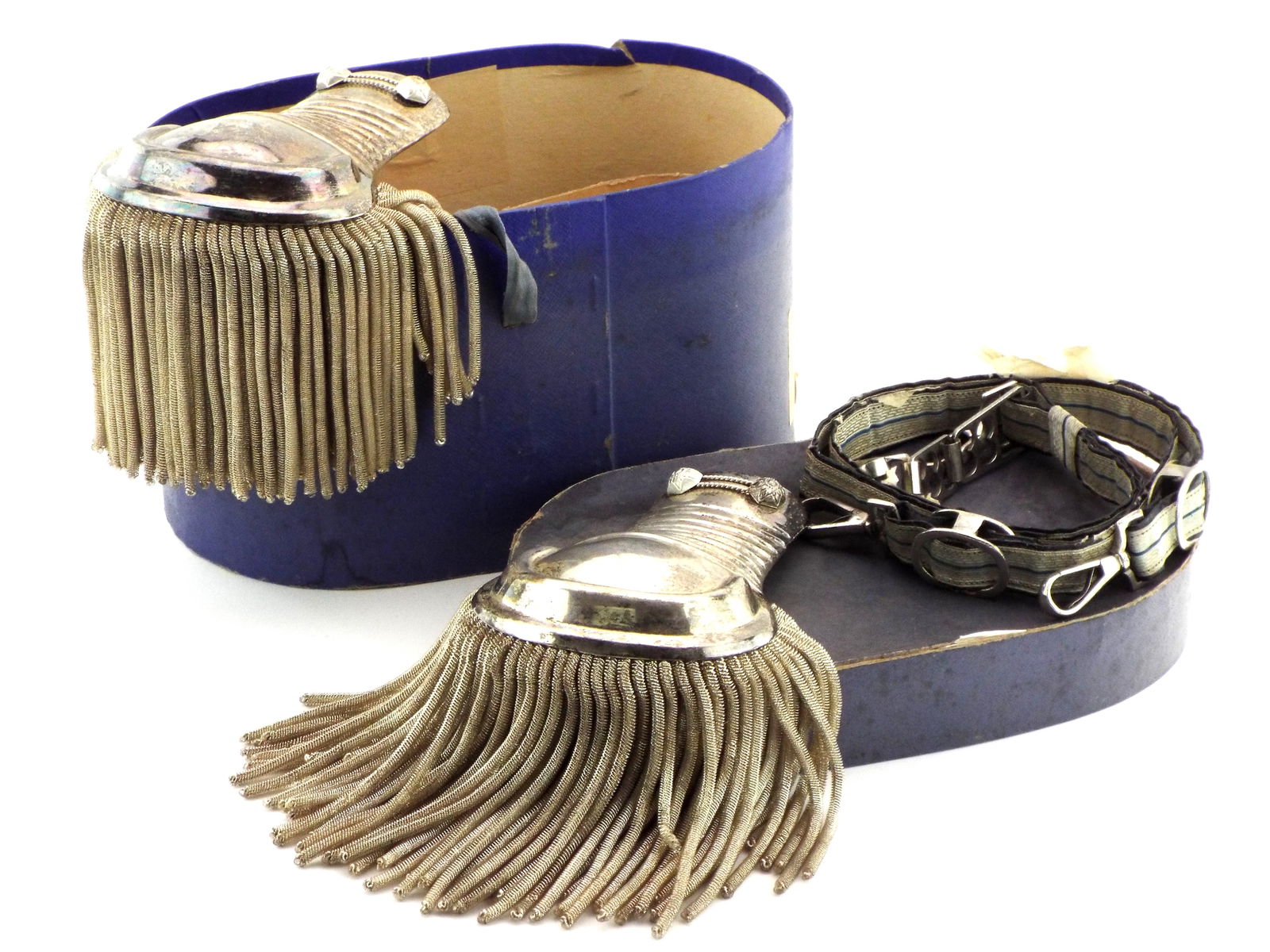 Antique Italian High Ranking Officers Silver Epaulettes And Sword Hanger In Original Box.: Antique Italian High Ranking Officers Silver Epaulettes And Sword Hanger In Original Box. Box Size 10x6 Epaulettes Size 6.5x4.