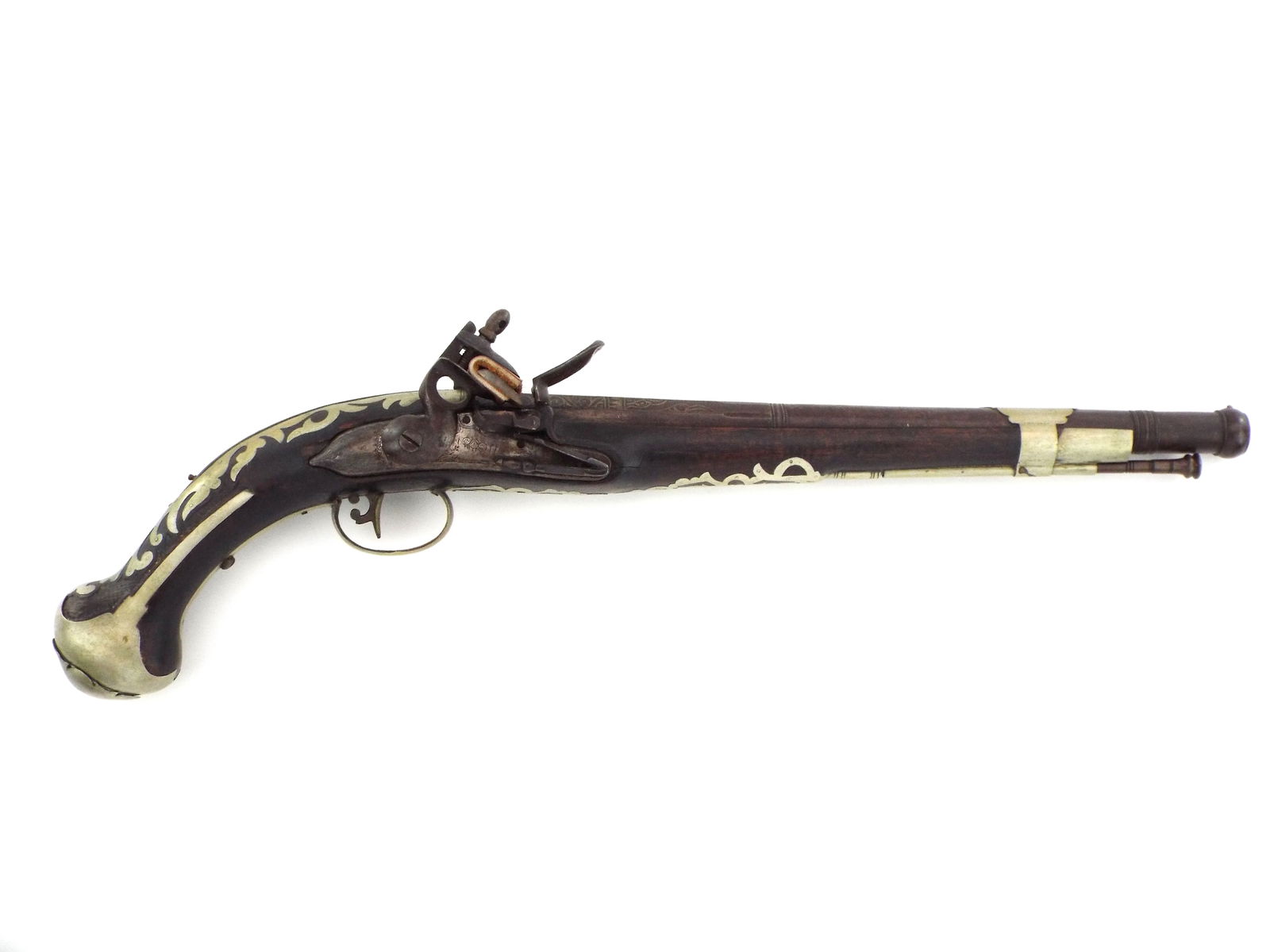 Heavily Decorated Antique Turkish Ottoman Empire Flintlock Pistol With Elaborate Islamic Silver: Heavily Decorated Antique Turkish Ottoman Empire Flintlock Pistol With Elaborate Islamic Silver Scroll Engraving On The Barrel And The Handle. Full Length 20 Inches.