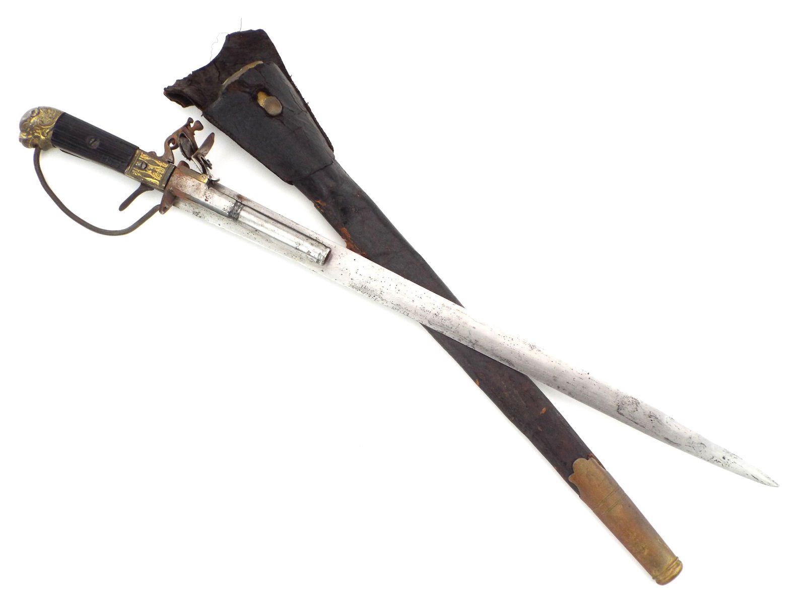 Very Nice Antique 18th C. German Or English Combination Weapon Hunting Sword Dagger & Flintlock: Very Nice Antique 18th C. German Or English Combination Weapon Hunting Sword Dagger & Flintlock Pistol. Carved Horn Handle In Fire Gild Mounts. Super RARE Original Leather Scabbard. Full Length 25 Inc