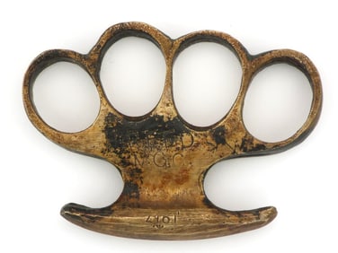 Rare British WWI trench warfare knuckle duster, various stamps dated 1917