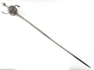 Very Good 17th-18th C. Spanish Cavalry Rapier Sword with Chiseled Hilt Decorations,