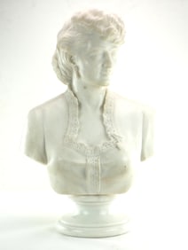 Antique 19th C. Large Fine Italian White Marble Carved Bust Of A Young Women,