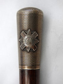 Interesting Victorian Scottish regimental silver mounted walking cane, hallmarked for 1888-1889