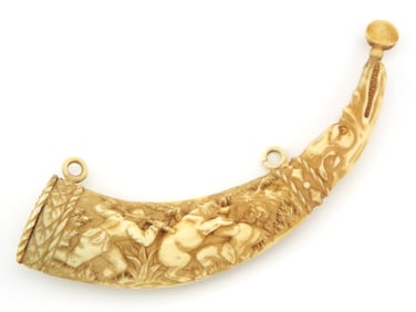 Extraordinary fine quality French Dieppe circa 1830 carved “hippo tooth?? powder flask