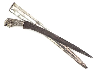 Antique Asian Indonesian Sword Dagger with all Sliver Carved Hilt and Scabbard