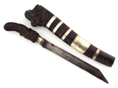 Antique Asian Indonesian GOLOK Sword Dagger with Carved Hilt and Sliver Mounts.