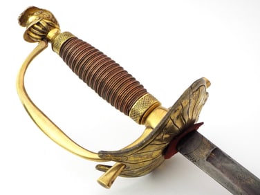Antique Napoleonic Officers Sword Nice Blued and Gilded Blade. Brass Hilt with Knights Helmet Pommel