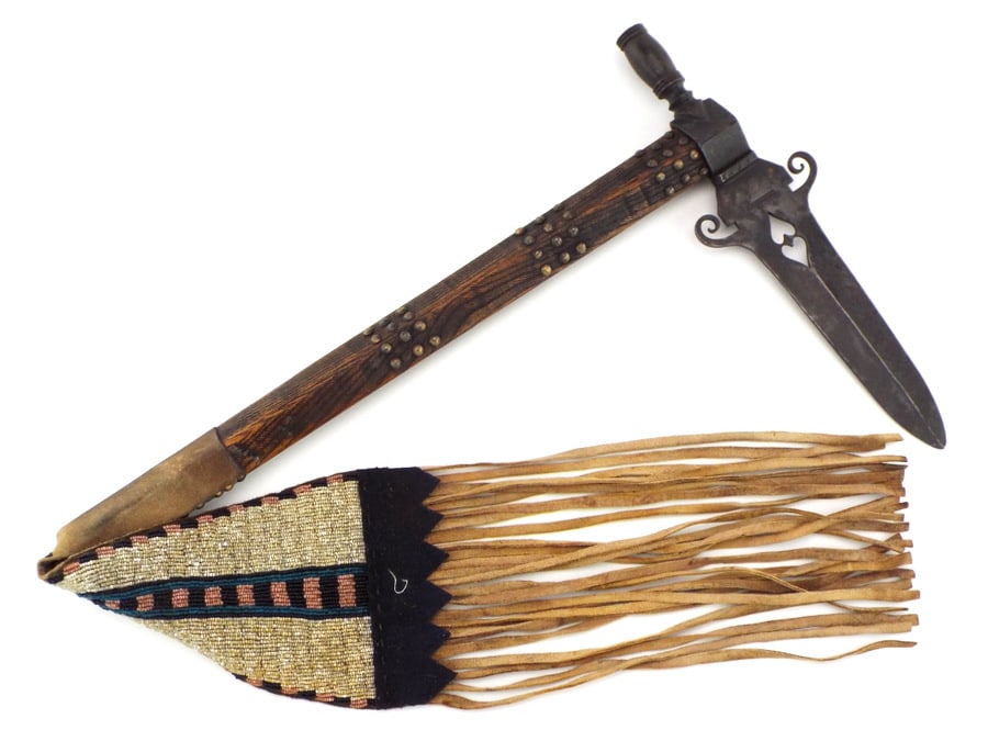 RARE Large Spontoon Piece Pipe Tomahawk with Beaded Sash for American Native Indian Trade (1 of 20)