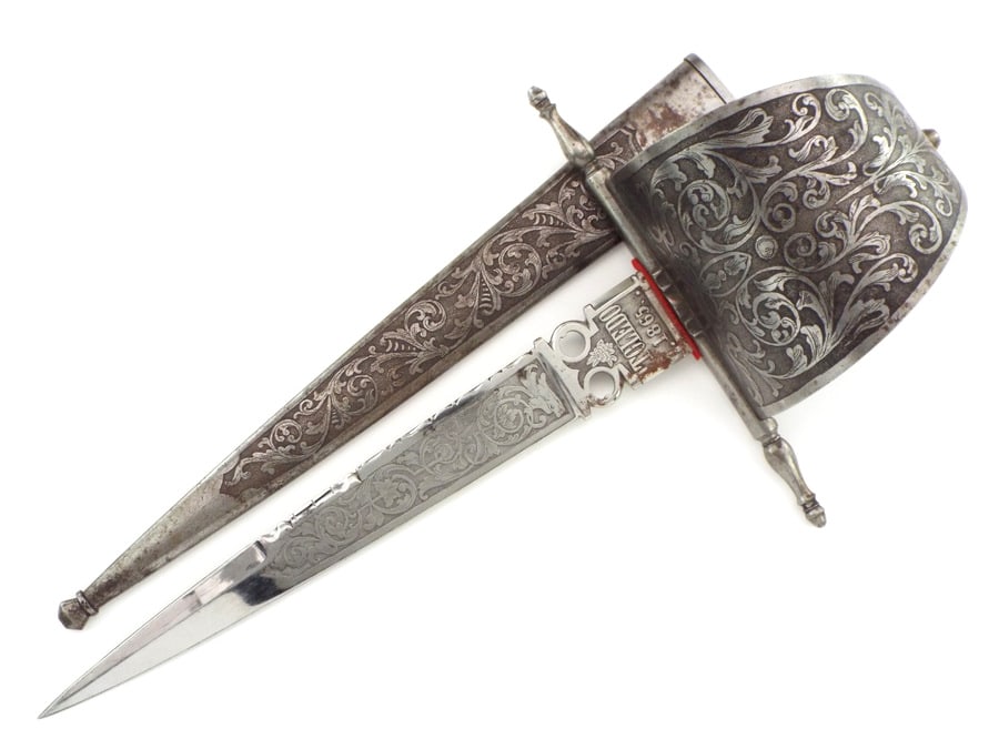 Antique Spanish Toledo Dated 1865 Left Hand Dagger Fully Engraved With Scabbard (1 of 20)