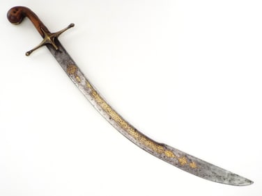 Antique Turkish Ottoman Empire Kilij Pala Sword Shamshir with Gold Inlaid ASSAD ALLAH maker