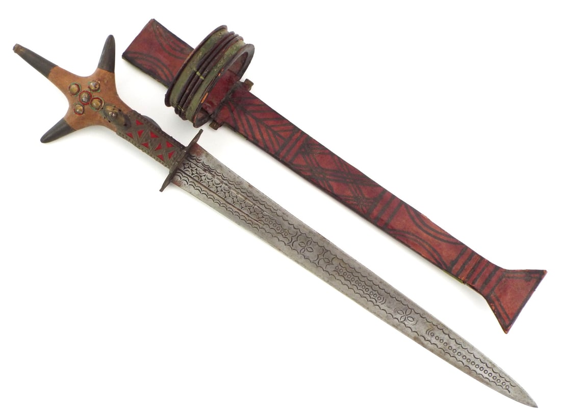 Rare and Unusual Antique North African TUAREG Tribal Short Sword with Tooled Leather Scabbard (1 of 20)