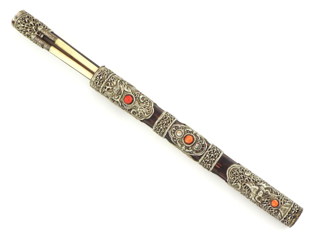 Rare Mongolian Trousse Set With Repousse Mounts And Bone Chopsticks.: Rare Mongolian Trousse Set With Repousse Mounts And Bone Chopsticks. Full Length 12 Inch Blade Length 6.5 Inch