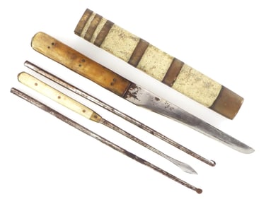 Rare Large 19th C. Asian Chinese, Tibetan Traveling TROUSSE Knife Dagger & Tools.