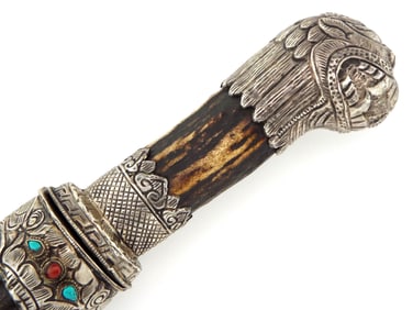 Fine Quality 19C. Chinese or Mongolian Jeweled and Silver Mounted Dagger Knife.Strong Blade.