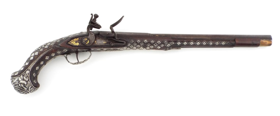 FINE Antique 18th C. French, Silver Mounted Flintlock Pistol Heavily Silver Inlaid Stock: FINE Antique 18th C. French, Silver Mounted Flintlock Pistol Heavily Silver Inlaid Stock, Elaborate Silver Mounts. Gold Gild Lock. Made For Ottoman Empire Market. Full Length 22 Inches.