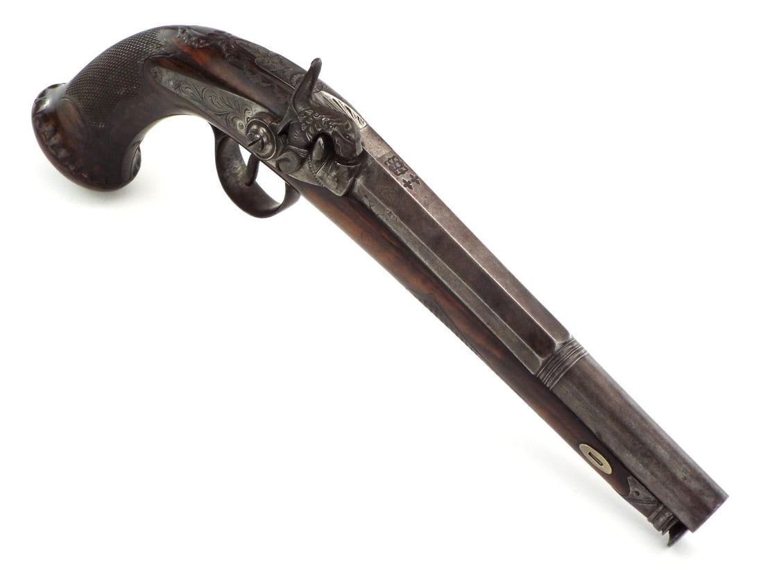 High Quality 18th C. Italian Percussion Pistol Made In Naples. Finely Chiselled Gothic Details On: High Quality 18th C. Italian Percussion Pistol Made In Naples. Finely Chiselled Gothic Details On The Barrel And Mounts, With Typical Italian Ramrod. Fine Working Order Full Length 14 inch