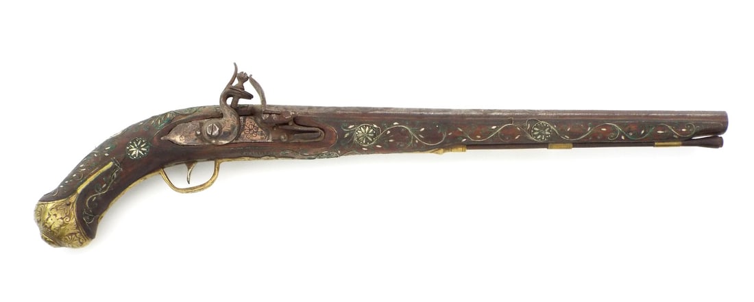 Large Antique Islamic Balkan Ottoman Empire or Greek Pistol Probably Turkish Work, Circa 18th-19th: Large Antique Islamic Balkan Ottoman Empire or Greek Pistol Probably Turkish Work, Circa 18th-19th Century. Silver Wire Inlay Stock, Engraved and Silver Inlaid Barrel Full Length 24 inch
