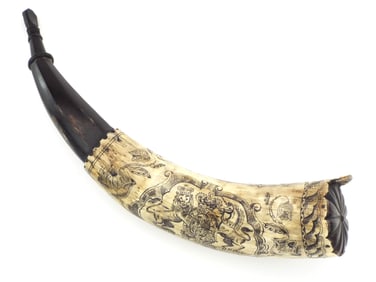 Exceptional Quality British Scrimshaw Powder Horn Engraved With The Owner's Name