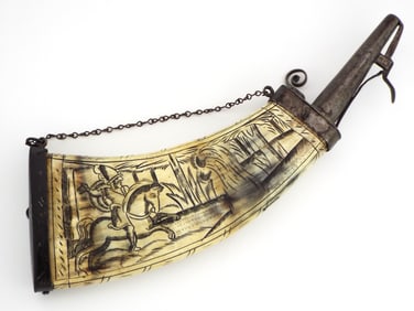 Very Fine 17th C. German Wheelock Flask Carved In Scene Of Horseman In Armor