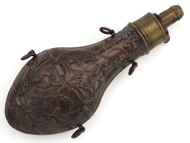 Beautiful Antique Brass Powder Flask with Embossed Decoration