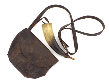 Rare American Civil War era Powder Horn with Leather Bag