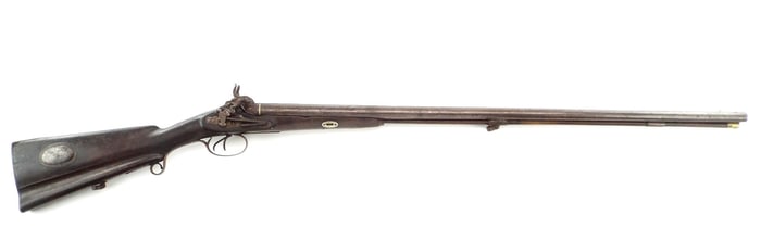 Antique Spanish, PERCUSSION DOUBLE BARREL Shotgun Inlaid With Silver Presentation Inscription. Full