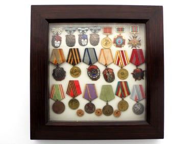 Russian Soviet WWII and Cold War era 19 Medals in Display Case