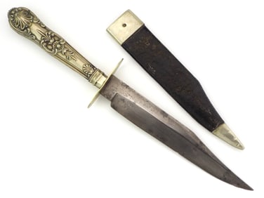 Antique American Civil War Era Silver Cutlery Handle Bowie Knife With Clipped Point Blade In Lovely