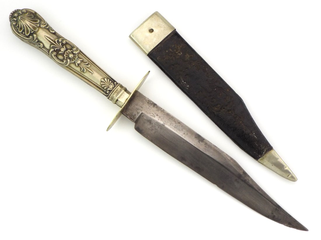 Antique American Civil War Era Silver Cutlery Handle Bowie Knife With Clipped Point Blade In Lovely (1 of 17)