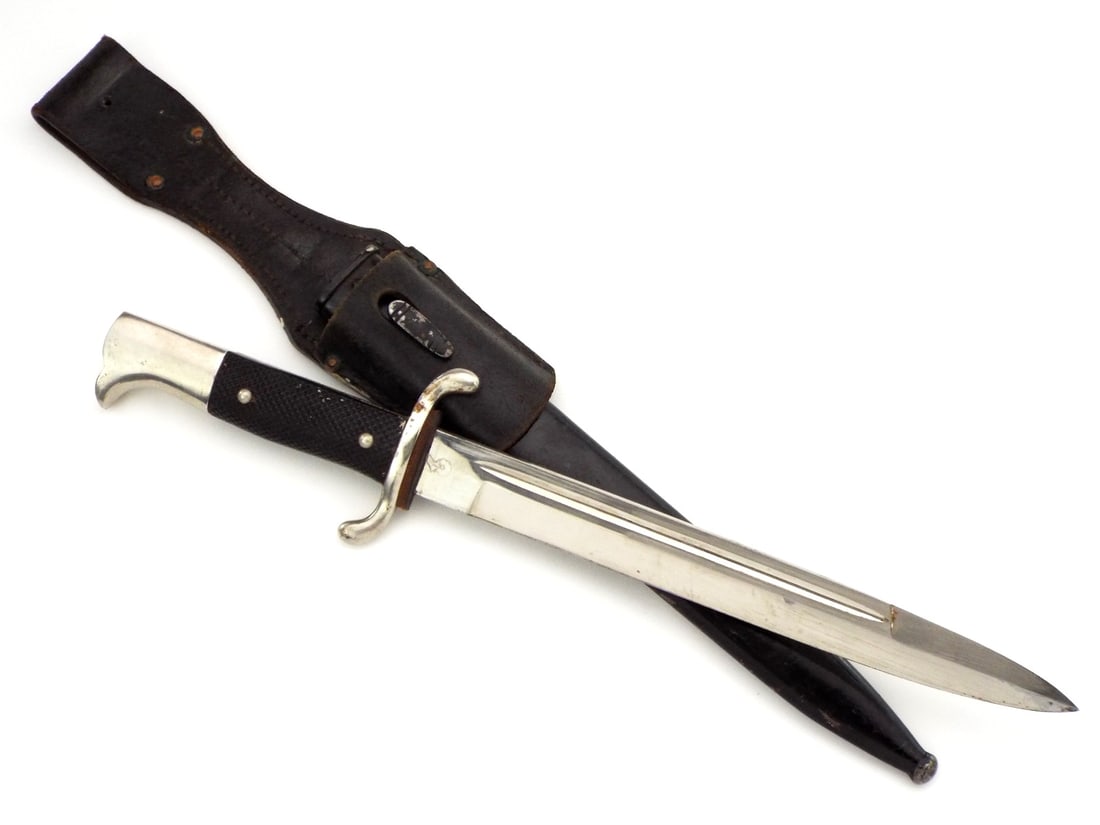 German WWII Dress Bayonet with Leather Frog: German WWII Dress Bayonet with Leather Frog. Full Length 16 inch Blade Length 10 inch