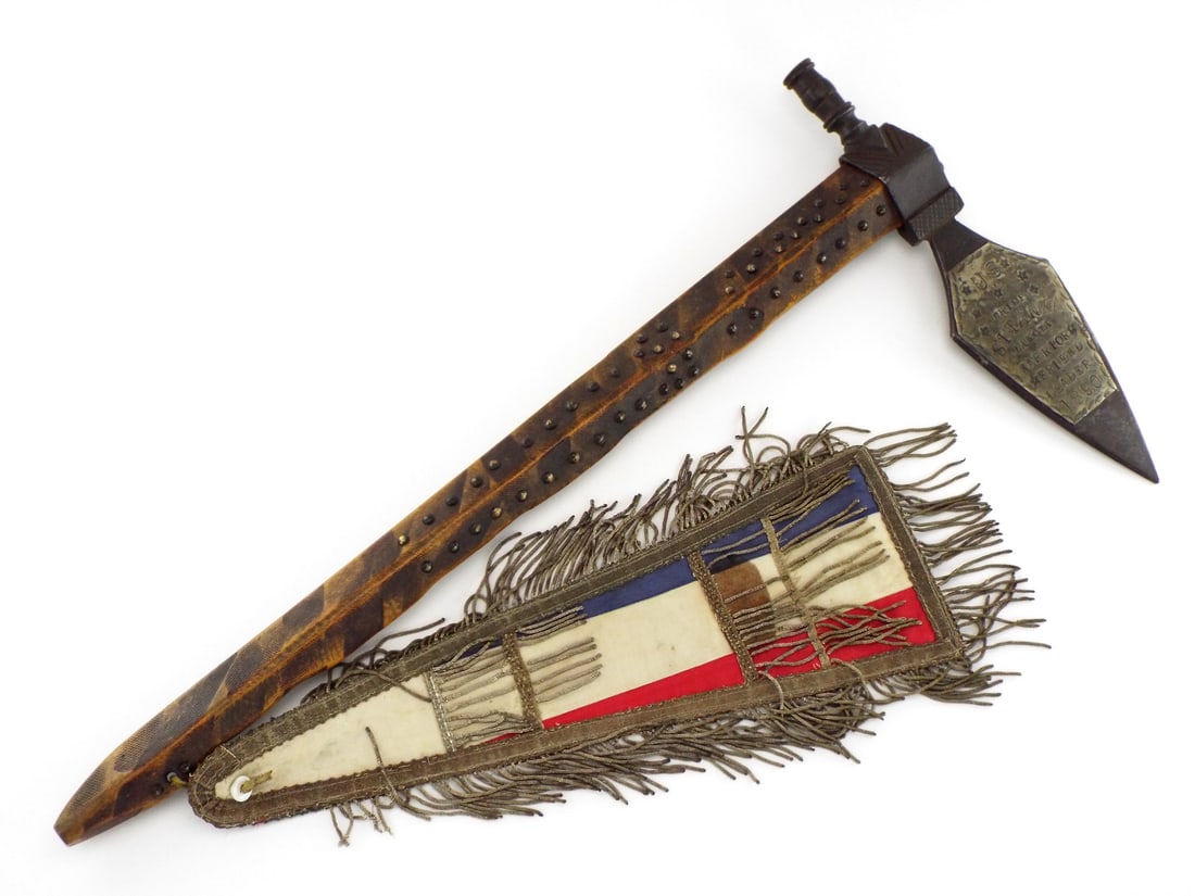 MASSIVE Native American PRESENTATION to Sitanka 1899 , Dakota chief Pipe Tomahawk: MASSIVE Native American PRESENTATION to Sitanka 1899 , Dakota chief Pipe Tomahawk. forged spontoon head , silver plate applied with Presentation to Sitanka 1899 , Dakota chief , fried , warrior and le