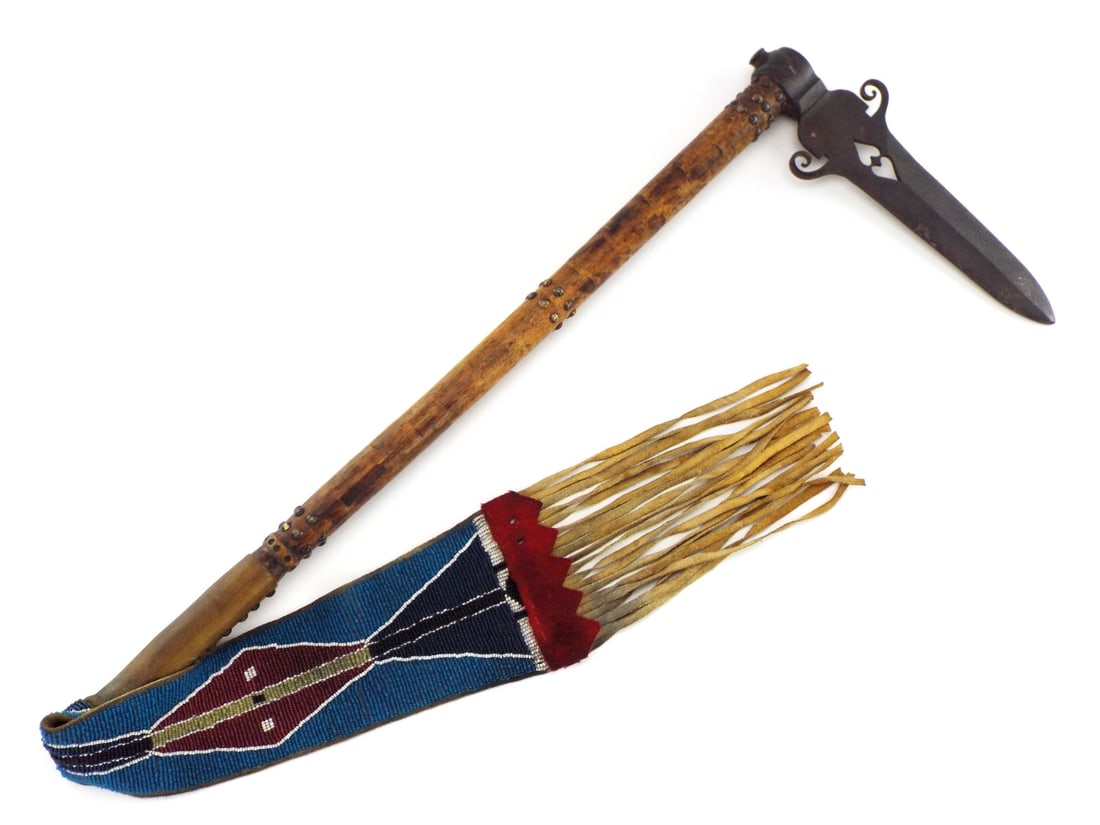 Large Rare Antique Native American Indian Spontoon War Axe Tomahawk with Large Blackfoot Beaded: Salvaged damaged spontoon pie tomahawk turned into war axe with button spike , cutouts in blade , tacking and heated iron decoration. Large Blackfoot Beaded Drop , a very formidable weapon ..From Coll