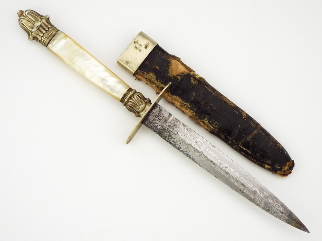 Exceptional Quality American Civil War era Dagger by CORSAN DENTON BURDEKIN & CO: High grade MOP handle. Blade is excellent with beautiful etching and motto NEVER DRAW ME WITHOUT REASON NOR SHEATH ME WITHOUT HONOR. Full Length 9.5inch Blade Length 4.75 inch