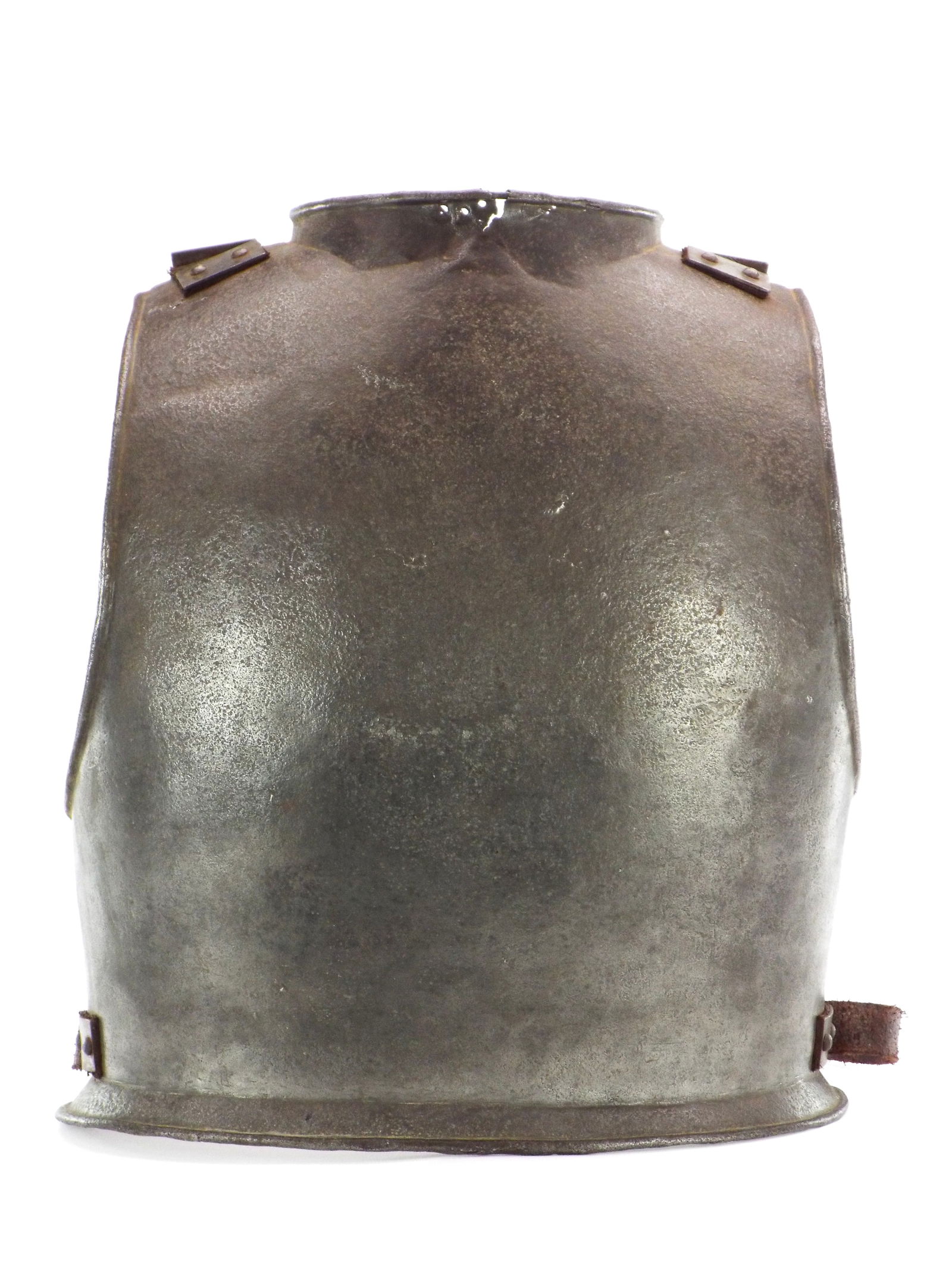18th C. German Cuirass Back Plate: 18th Century German cuirass back plate with straps composed of studded rectangular linkages, a beveled collar, beveled lower edge and sleeves. Wear consistent with age, patinated throughout along with