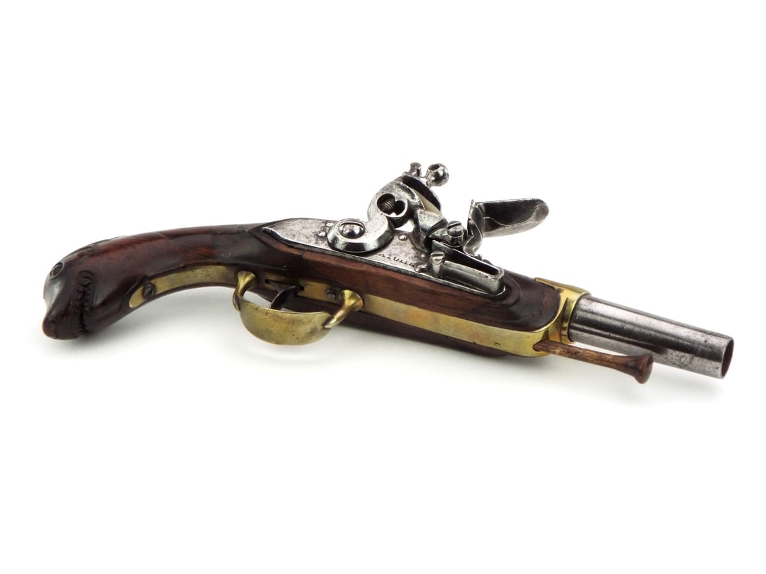 Exceptional American Rev War Era French Naval Officers Flintlock Pistol by MACHAL OF TULLE: Exceptional American Rev War Era French Naval Officers Flintlock Pistol by MACHAL OF TULLEBrass trigger guard and barrel mount. Walnut stock with original and rare “SEA DOG” head carved butt f