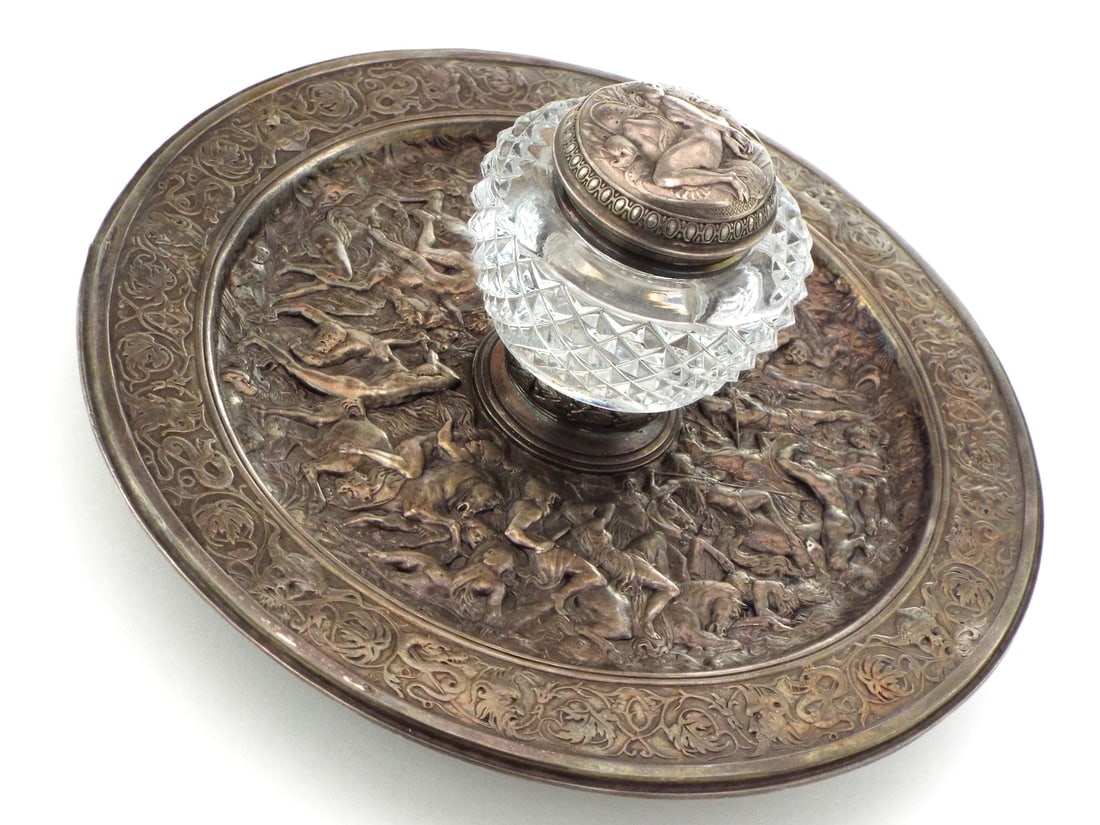 FINE Antique English Ink Well with Battle Scenes. Hallmarked and Marked by Elkington & Co.: FINE Antique English Ink Well with Battle Scenes. Hallmarked and Marked by Elkington & Co.Full Length 10 inch