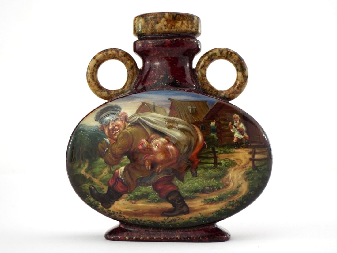 Russian Hand-Painted Lacquerware Flask-Shaped Box with Thief and Pig Scene: This unique Russian hand-painted lacquerware box, crafted in the shape of a traditional flask, features a lively and humorous scene of a man stealing a pig. The vivid depiction shows the man hurriedly