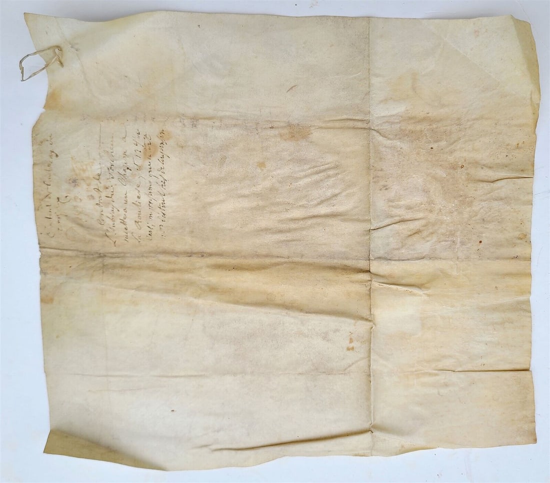 17th century MANUSCRIPT on VELLUM antique LAW DOCUMENT in FRENCH: Size about 10 by 11.5". Good condition, some wear, faded colors.