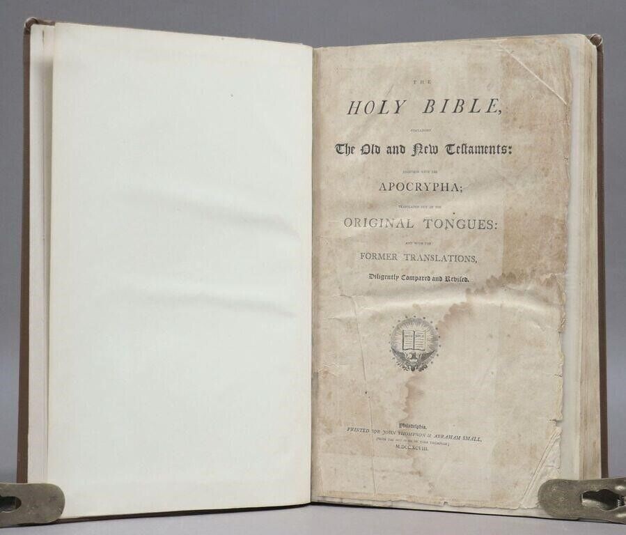 1798 BIBLE FIRST HOT PRESS EDITION LARGE FOLIO antique AMERICANA 18th cent. RARE: 1798 Folio Bible, First Hot Press Edition. THE HOLY BIBLE. Philadelphia: for John Thompson and Abraham Small, 1798. 2 volumes. Folio: 16.5" x 10". Without the list of Subscribers (one leaf) and blank,