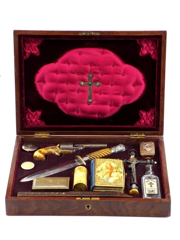 Very FINE and Desirable 19th. C. Vampire Hunter Killing Kit: Vampire Killing Kit featuring an FINE handle Moores Teat fire pistol , gold washed , good action tight function,carved twist FINE handle and sterling silver bolster and pommel, intricate handmade cruc