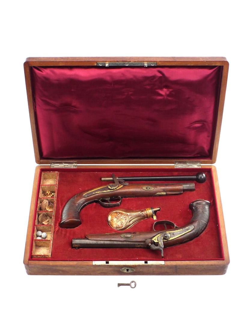 Antique Cased Pair French Damascus Percussion Pistols for Islamic Ottoman Market. Fine Gold (1 of 20)