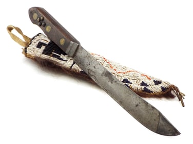 Antique Large American Native Indian Trade Knife Dagger, Nice Beaded Sheath