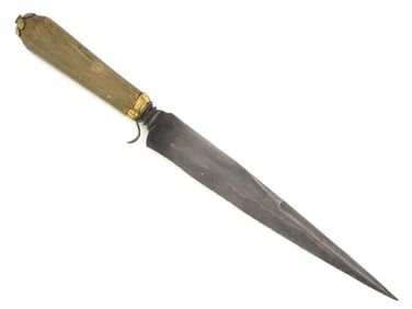 Antique Italian Nobleman's Stiletto Dagger Dirk. The Mounts Are Brass, Nicely Carved Horn Grip