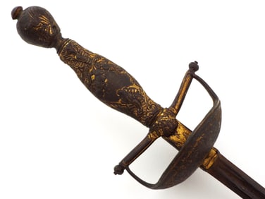 17th C. German Rapier Highly Decorated Guard Handle And Pommel. Blade With Script And Gilt Inlays