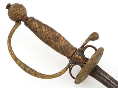 Antique German or English Officer Rapier Sword. Blade Dated 1750. Ornate Gold Gilt Brass Hilt