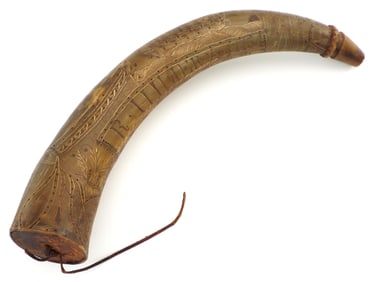 Antique Rare American Revolution Period Large Id'd Scrimshaw Powder Horn Flask.