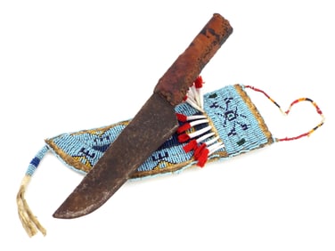 Unusual American Native Indian Trade Knife Dagger, Nice Beaded Sheath