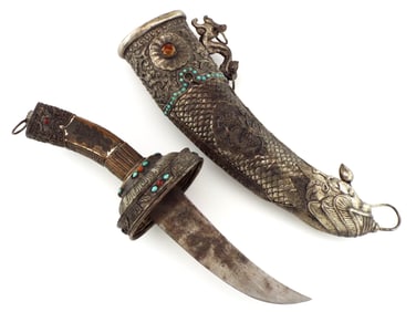 Antique Chinese Or Mongolian Large Temple Sword With Stones And Ornate Low Grade Silver Mounts