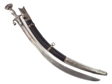 Exhibition Quality DAMASCUS 18th-19th C. Mughal Indian SHAMSHIR Sword with Silver Hilt Decorations.