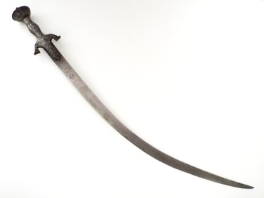Very Good Persian 17-18th C. WOOTZ Damascus Shamshir Sword Early Chiseled Steel Hilt. Full Length